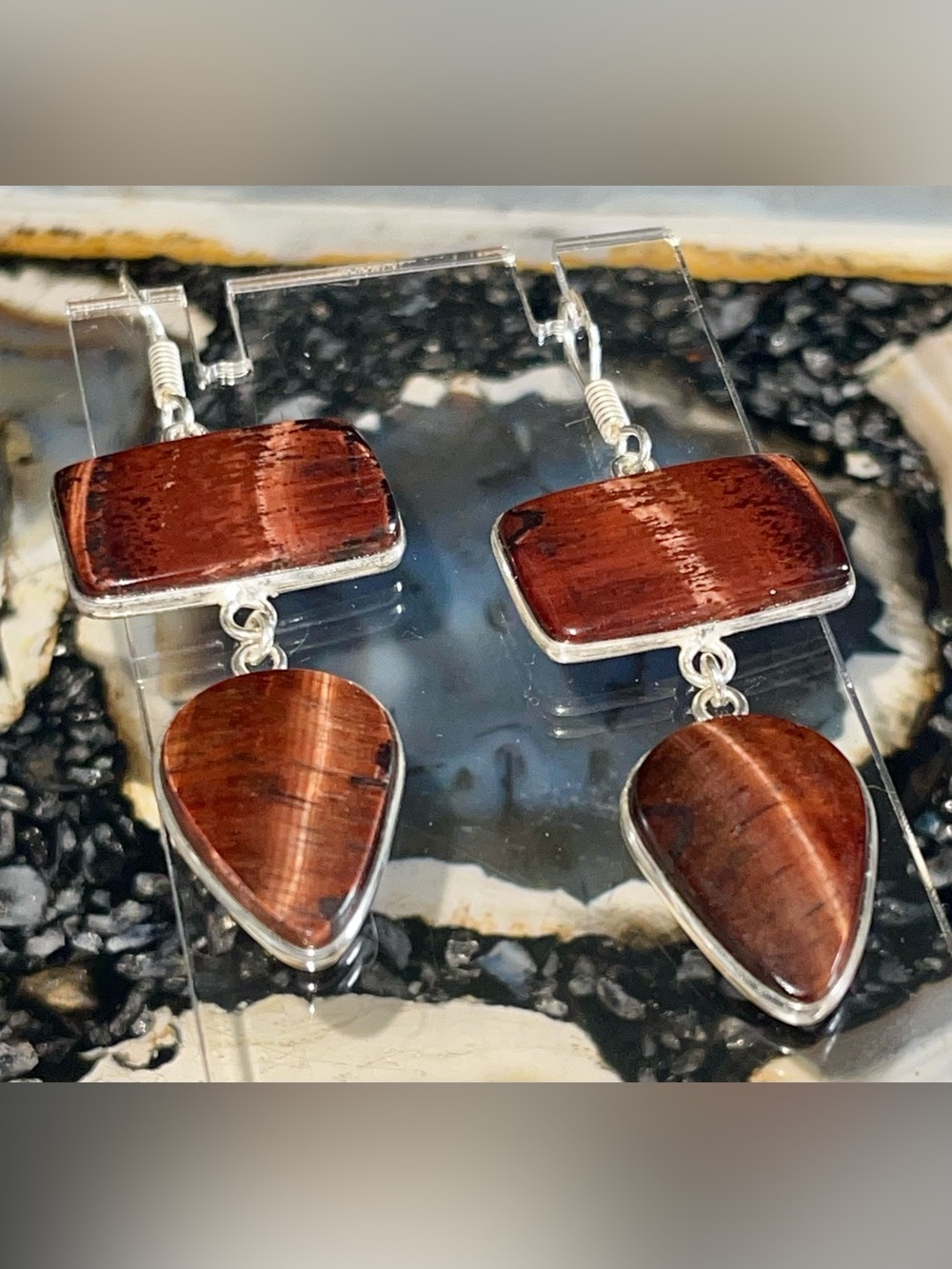 Red Tigers Eye Earrings 2 1/2”